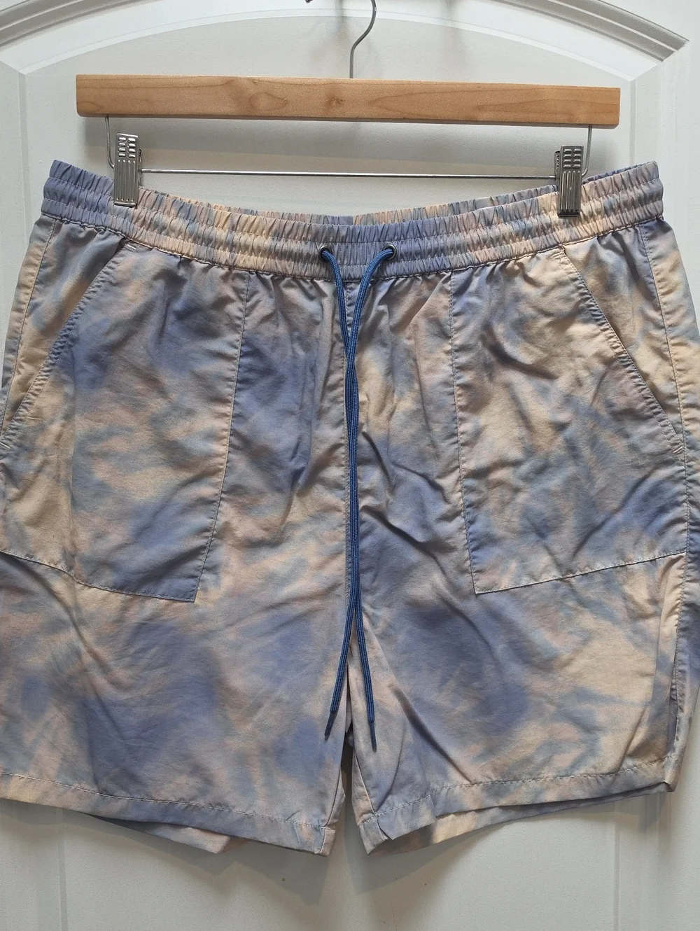 PacSun Men's Blue and Beige Tie-Dye Swim Trunks with Drawstring